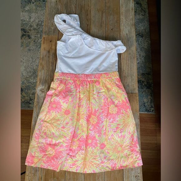 Lilly Pulitzer Mini Dress Size Small One Shoulder Ruffle Floral Pink Orange - Picture 2 of 6